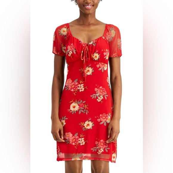 Red floral mesh mini dress - Picture 1 of 6